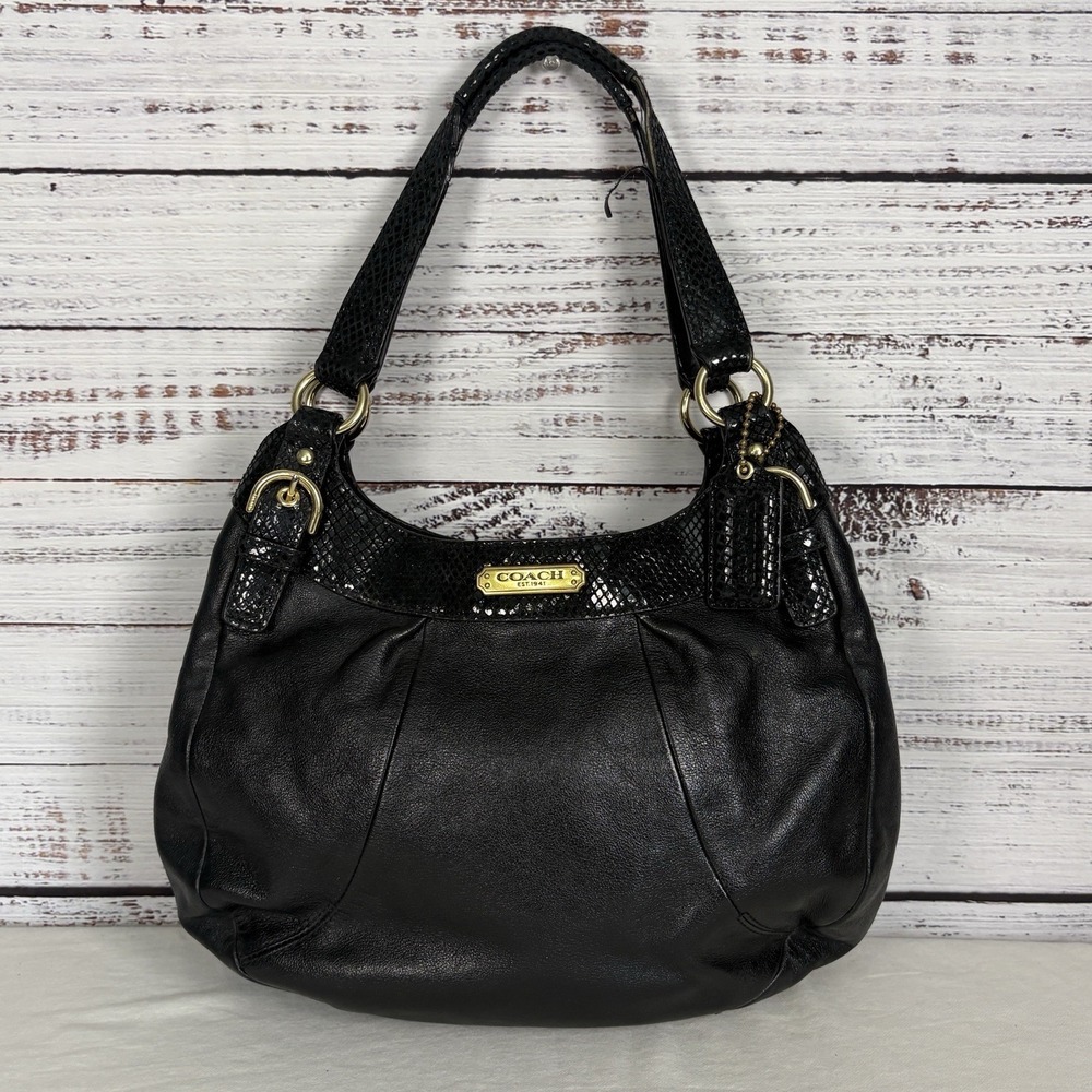 COACH Black Soho Leather Shoulder Bag Purse Hobo Reptile Trim Accent F19453